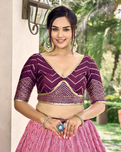Purple And Light Peach Lehenga Choli With Thread And Sequins Embroidery Work