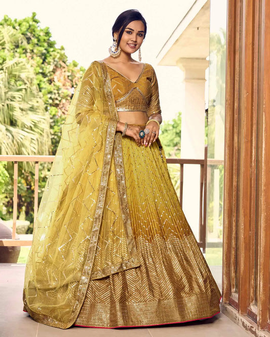 Dark And Light Yellow Lehenga Choli With Thread And Sequins Embroidery Work
