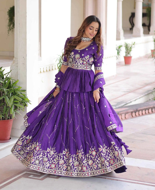 Dark Purple Sequins Embroidery Work Lehenga