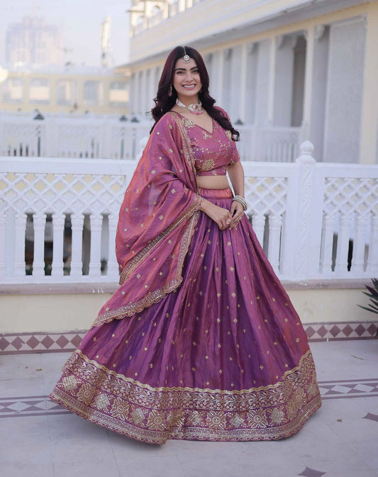 Light Plum Embroidery Work Silk Lehenga