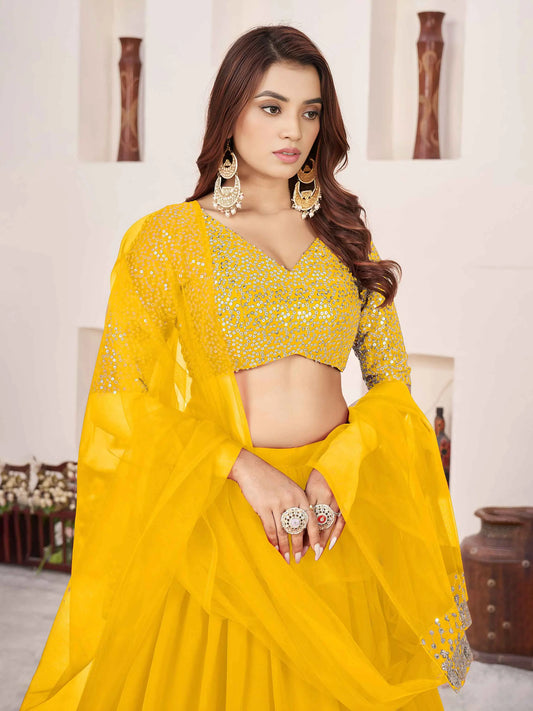 Yellow Zari Sequins Embroidery Work Lehenga