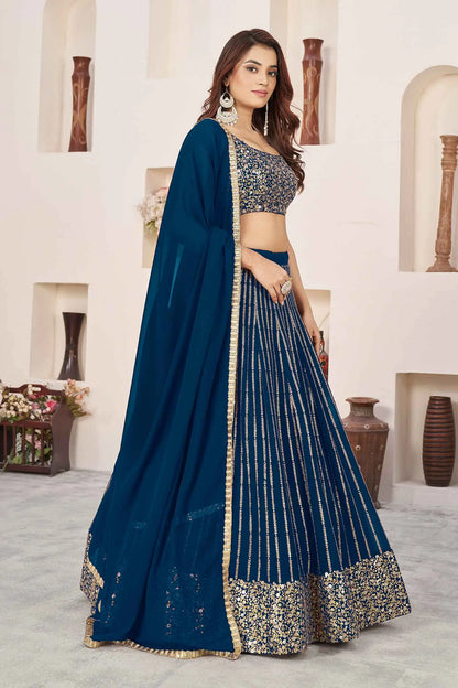 Prussian Blue Georgette Lehenga With Sequins And Zari Embroidered Work