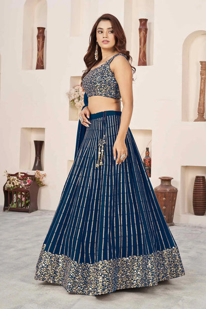 Prussian Blue Georgette Lehenga With Sequins And Zari Embroidered Work