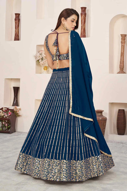 Prussian Blue Georgette Lehenga With Sequins And Zari Embroidered Work