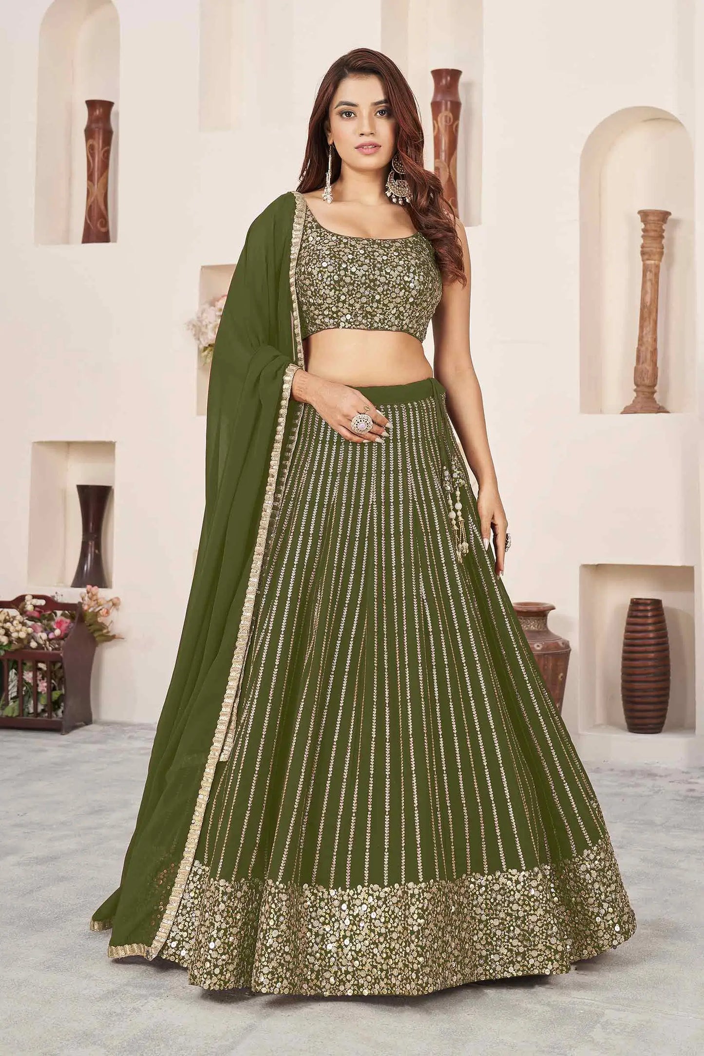 Dark Olive Green Georgette Lehenga With Sequins And Zari Embroidered Work