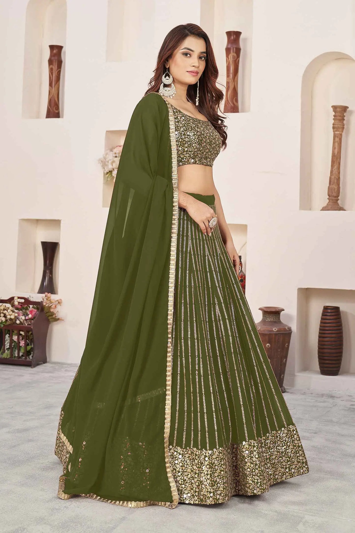 Dark Olive Green Georgette Lehenga With Sequins And Zari Embroidered Work