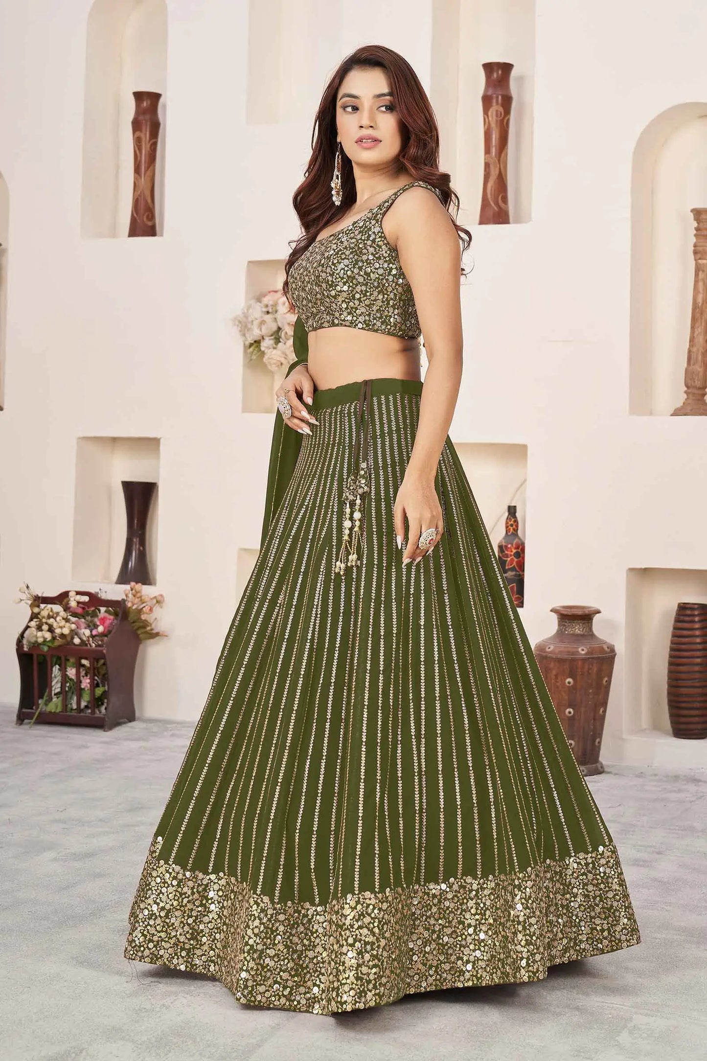 Dark Olive Green Georgette Lehenga With Sequins And Zari Embroidered Work