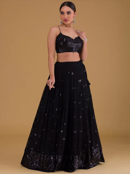 Beautiful Black Designer Sequins Embroidery Work Party Wear Lehenga