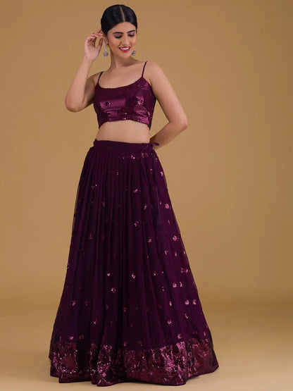 Wonderful Wine Designer Sequins Embroidery Work Party Wear Lehenga