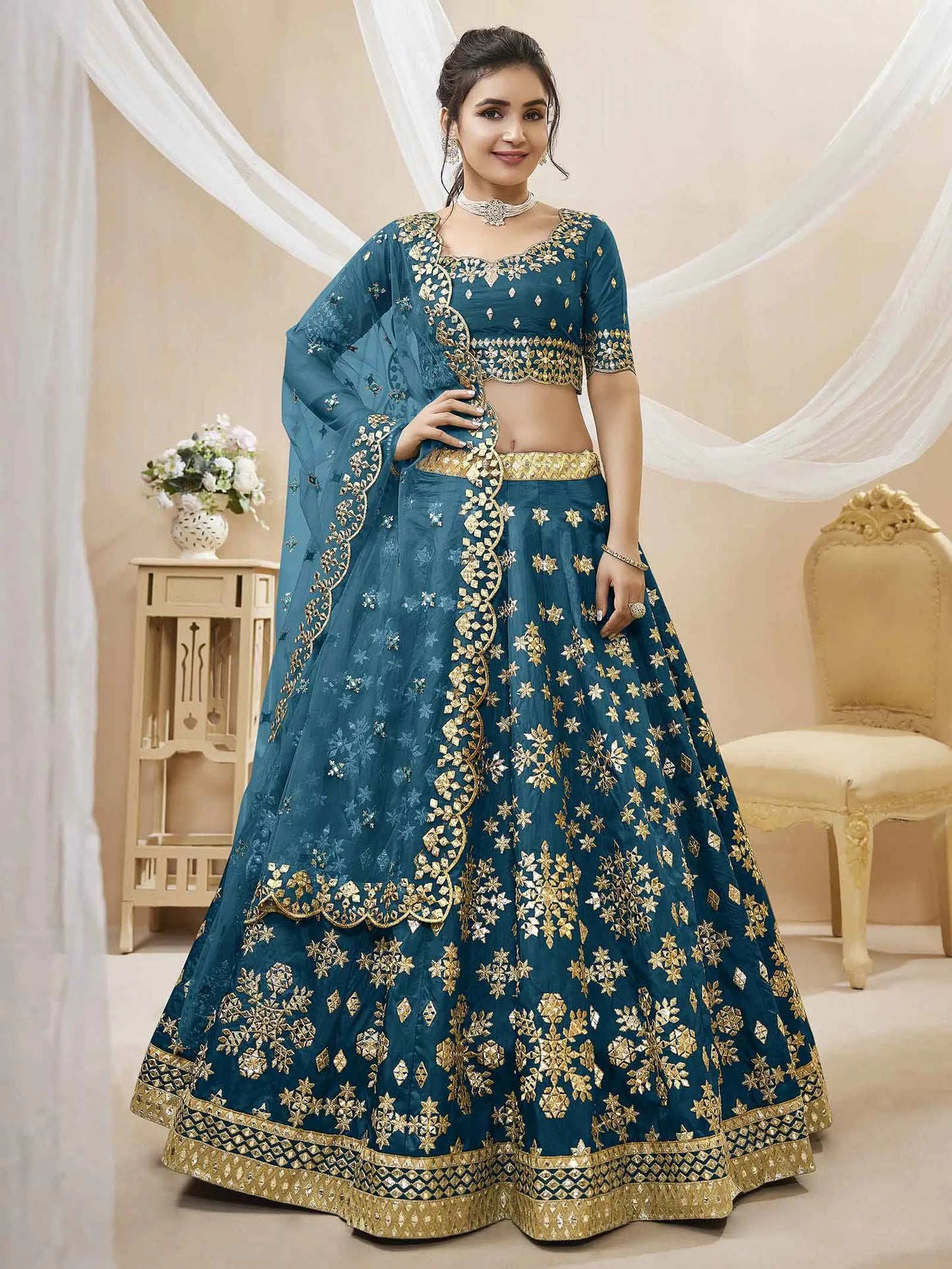 Teal Blue Art Silk lehenga With Sequins Zari Embroidered Work With Net Dupatta
