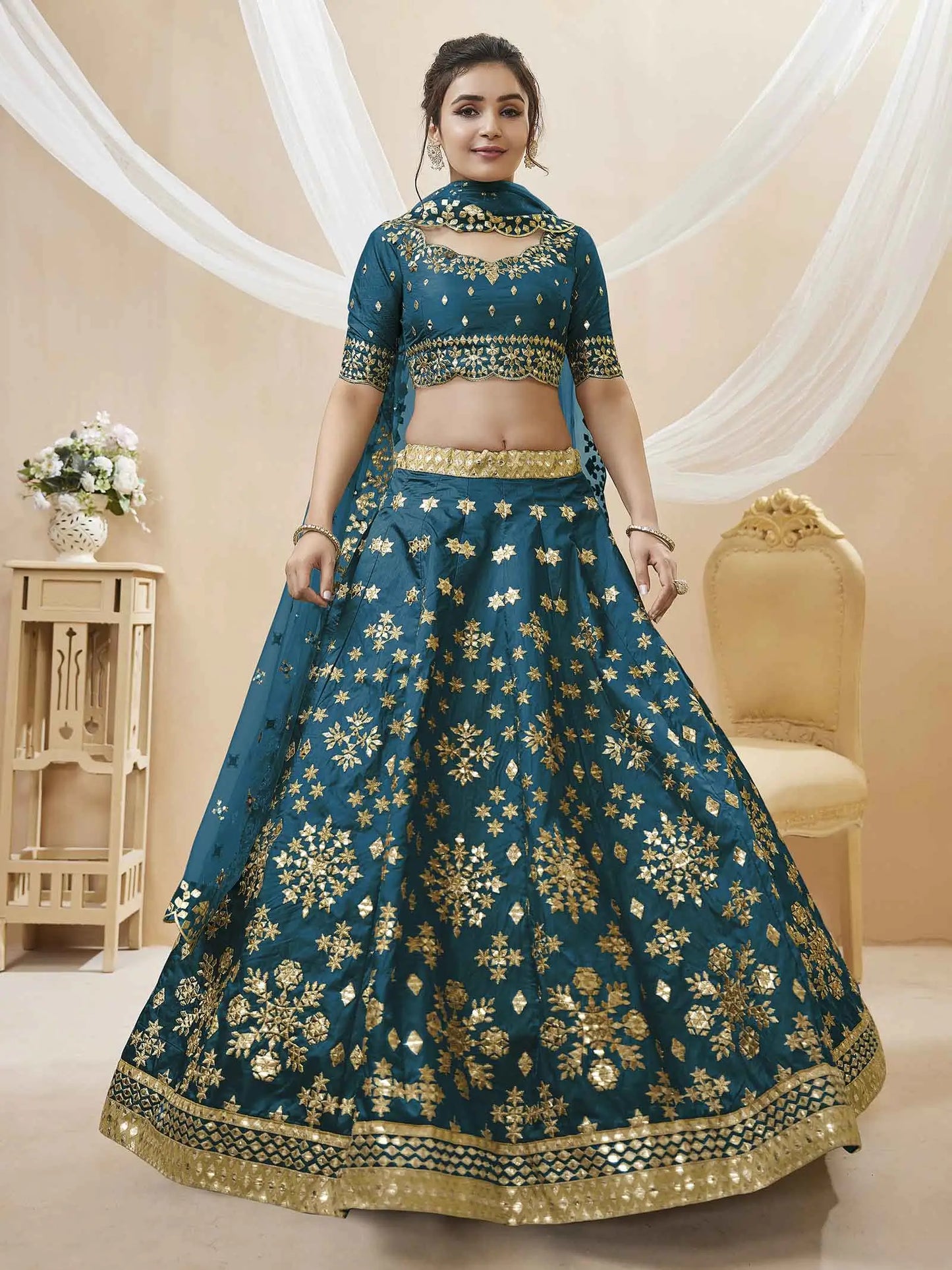 Teal Blue Art Silk lehenga With Sequins Zari Embroidered Work With Net Dupatta