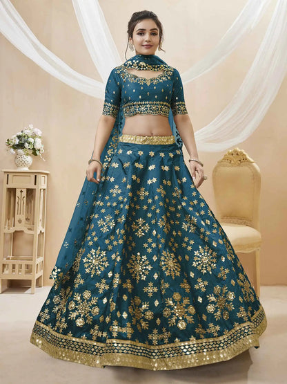 Teal Blue Art Silk lehenga With Sequins Zari Embroidered Work With Net Dupatta