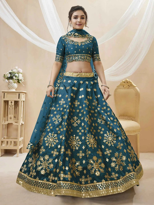 Teal Blue Art Silk lehenga With Sequins Zari Embroidered Work With Net Dupatta