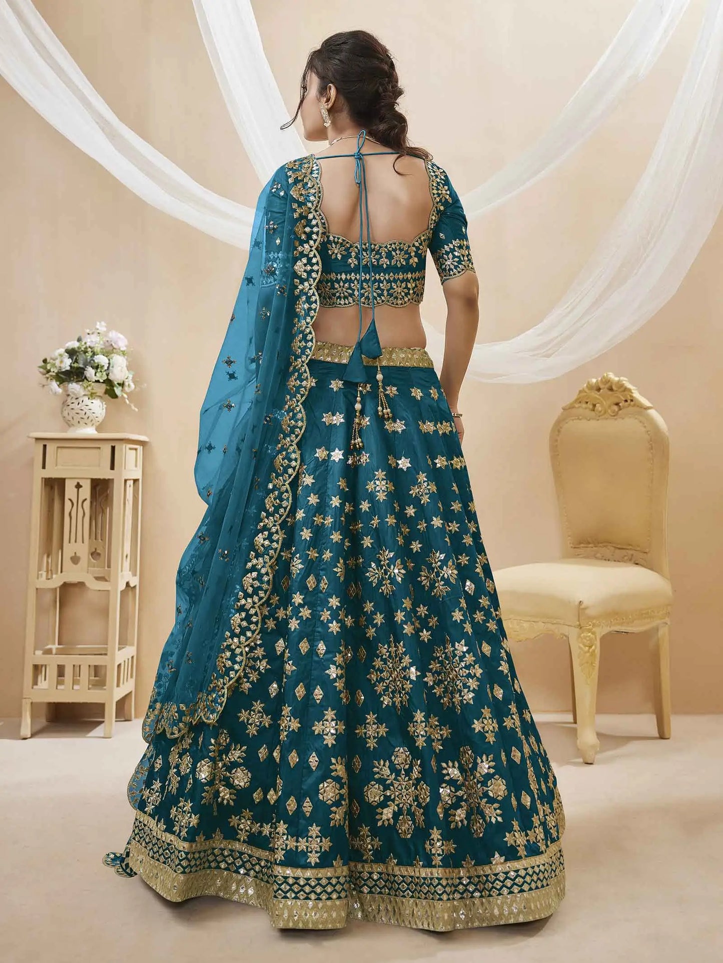 Teal Blue Art Silk lehenga With Sequins Zari Embroidered Work With Net Dupatta