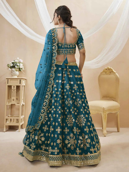 Teal Blue Art Silk lehenga With Sequins Zari Embroidered Work With Net Dupatta