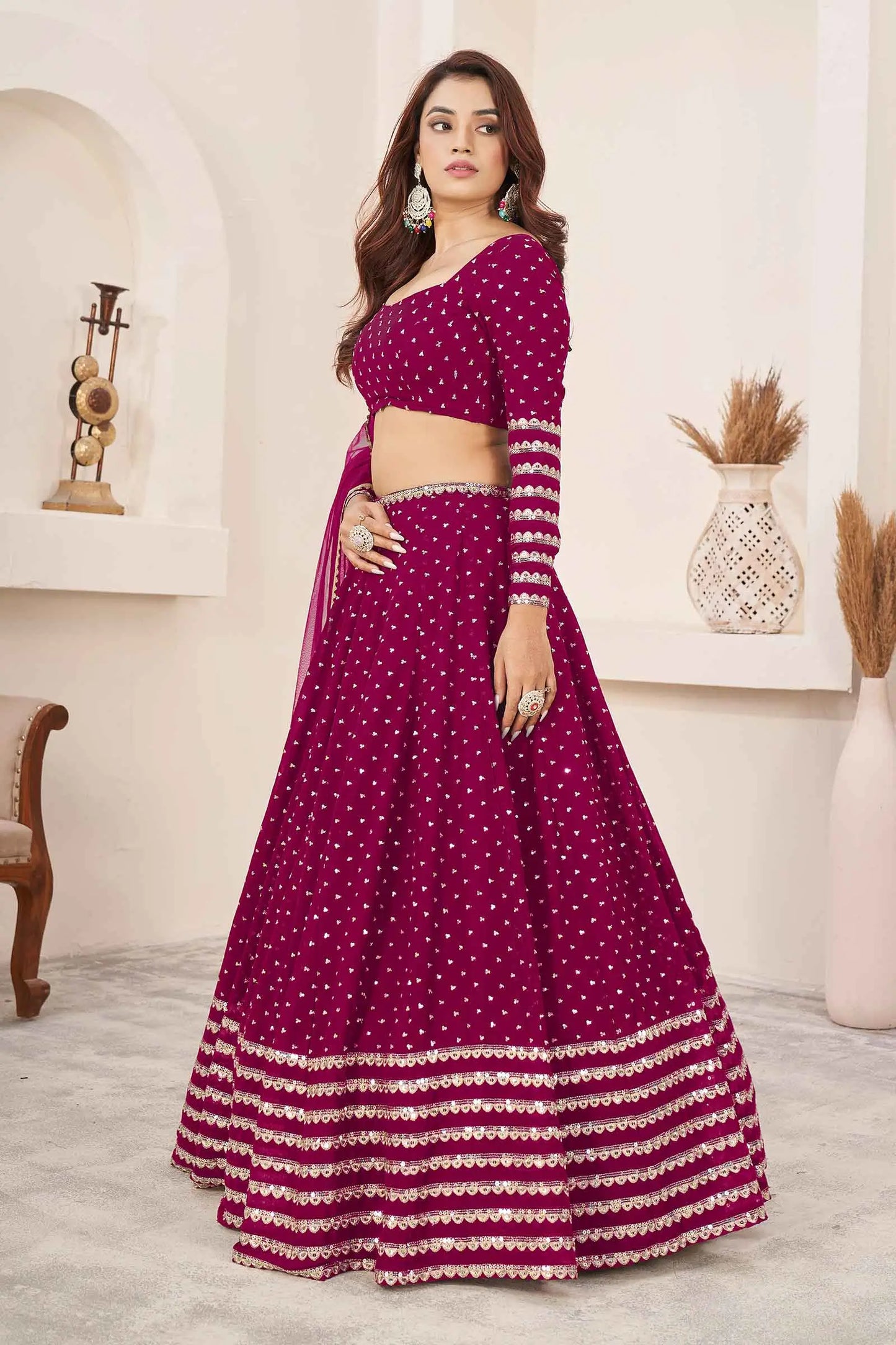 Mulberry Pink Zari Sequins Embroidery Work Georgette Lehenga Choli