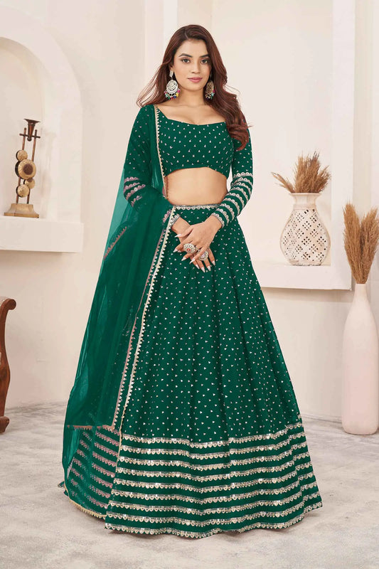 Teal Green Georgette Lehenga With Zari And Sequins Embroidery Work