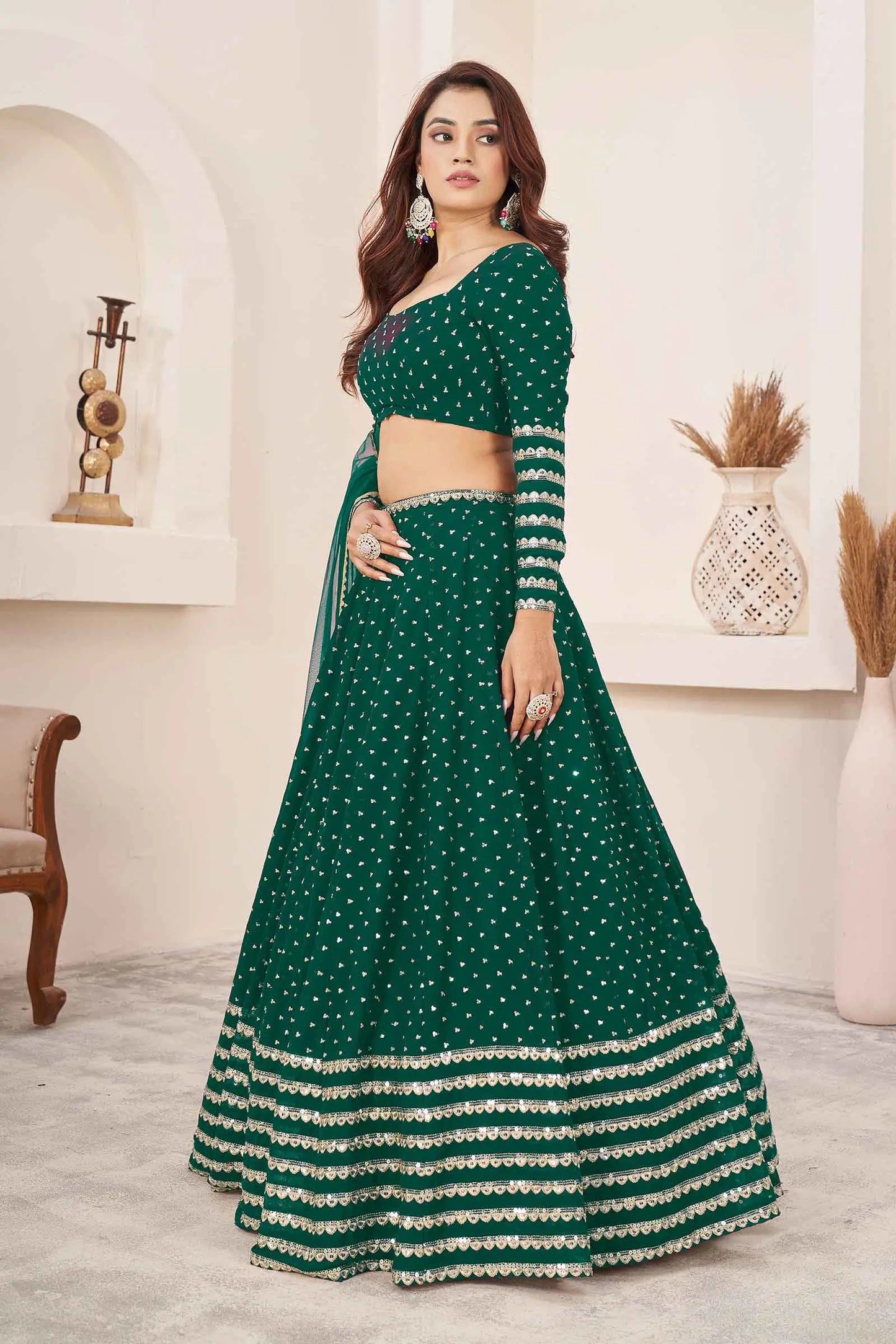 Teal Green Georgette Lehenga With Zari And Sequins Embroidery Work