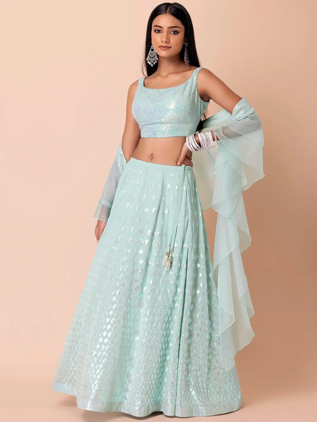 Sky Blue Party Wear Lehenga With Sequins Work with Ruffle Dupatta