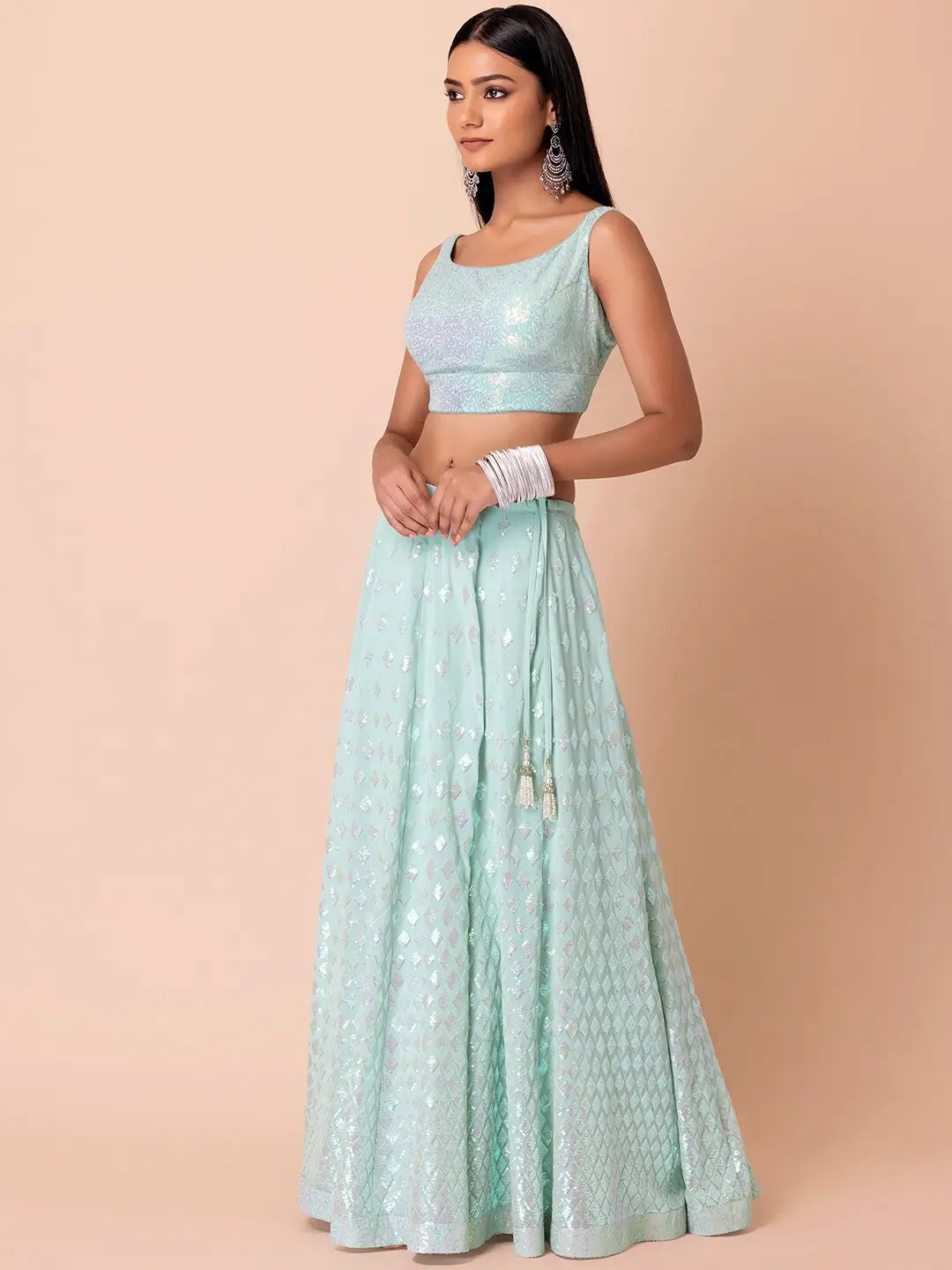 Sky Blue Party Wear Lehenga With Sequins Work with Ruffle Dupatta