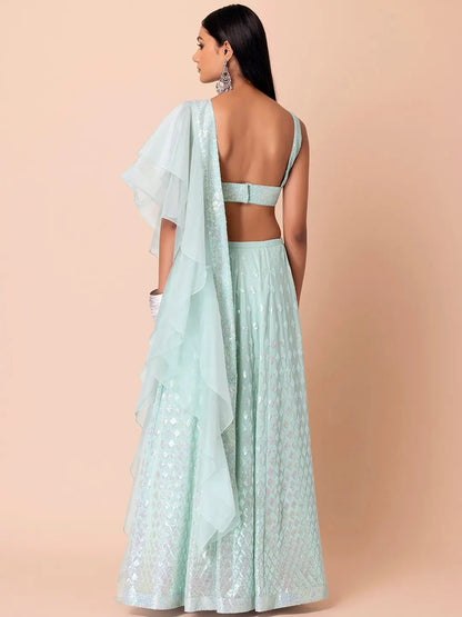 Sky Blue Party Wear Lehenga With Sequins Work with Ruffle Dupatta