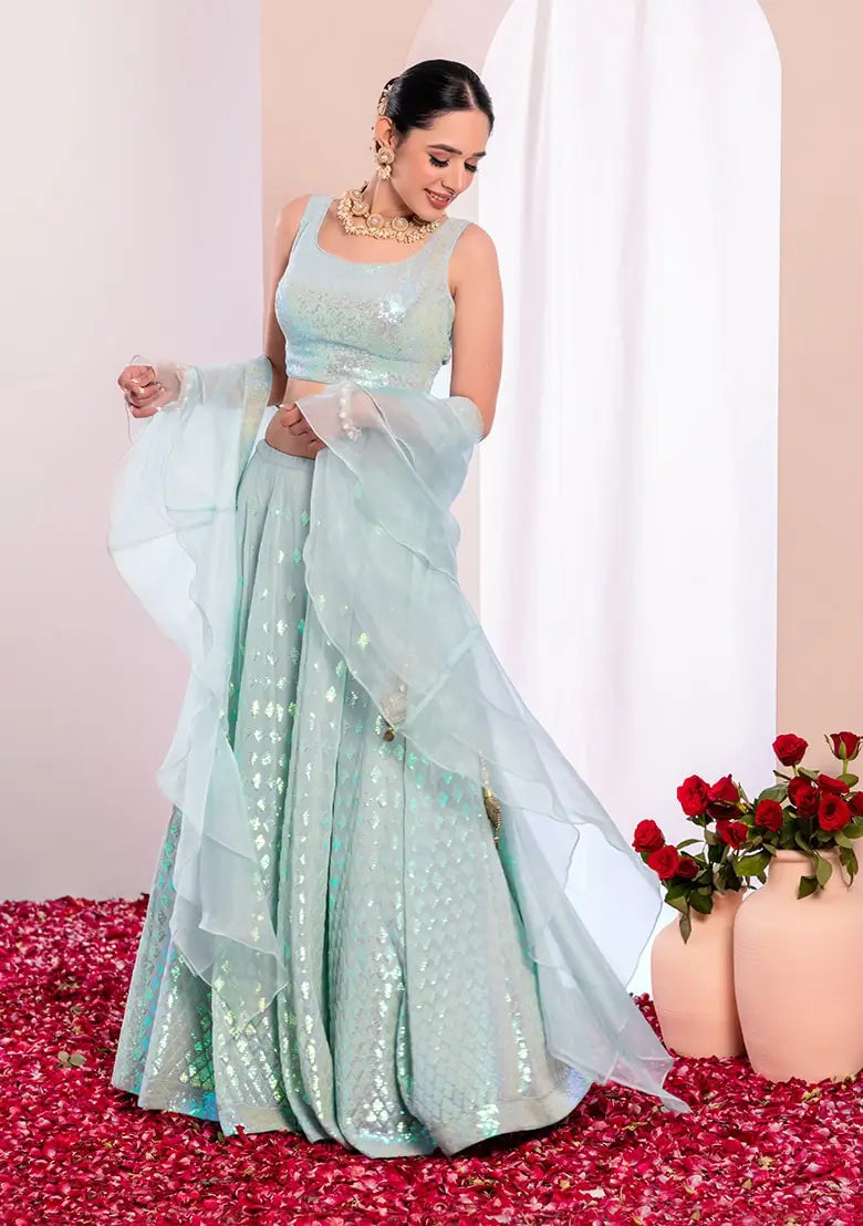 Sky Blue Party Wear Lehenga With Sequins Work with Ruffle Dupatta