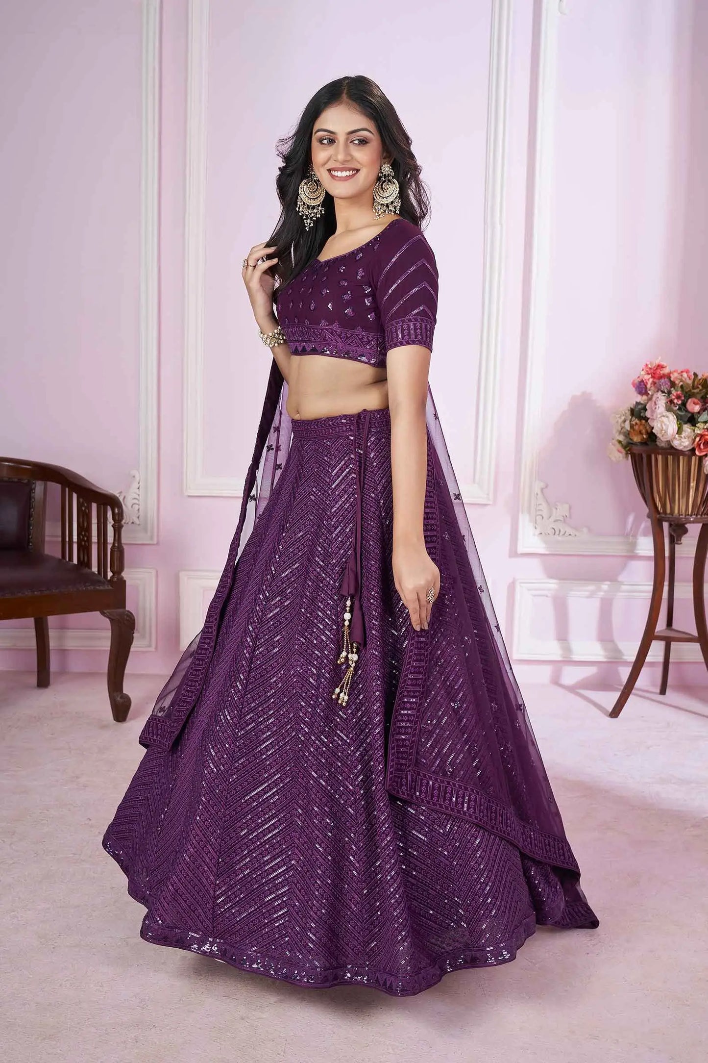 Purple Georgette Lehenga With Sequins And Thread Embroidered Work