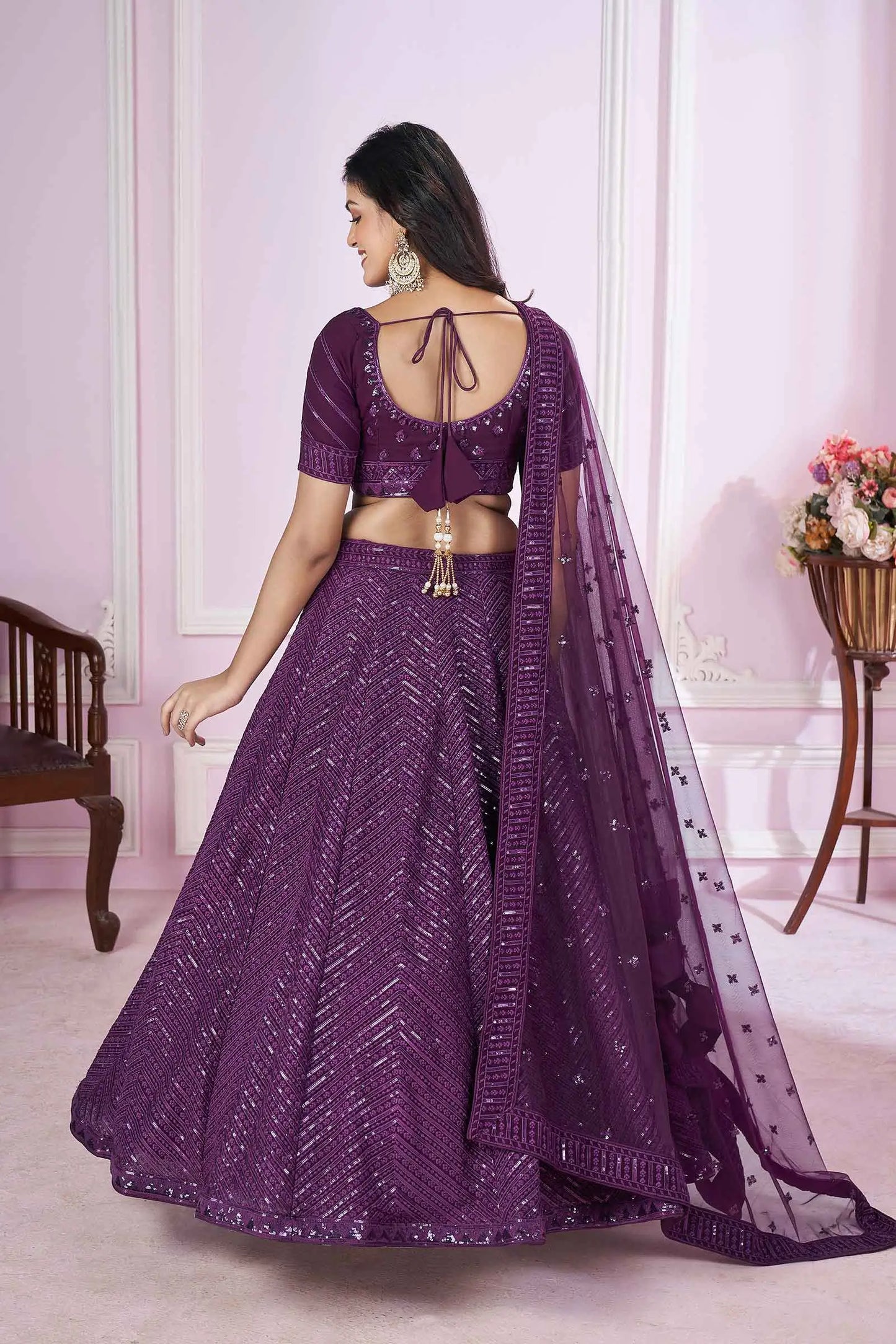 Purple Georgette Lehenga With Sequins And Thread Embroidered Work