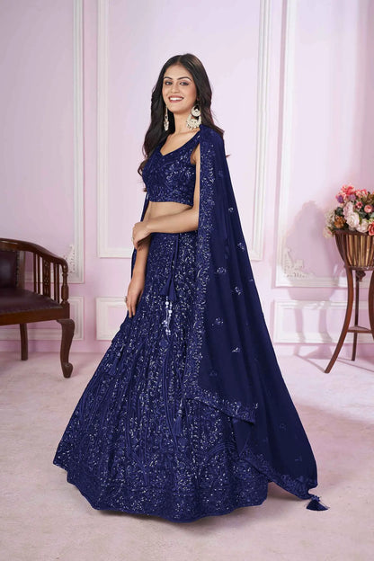 Navy Blue Georgette Lehenga With Sequins And Thread Embroidered Work