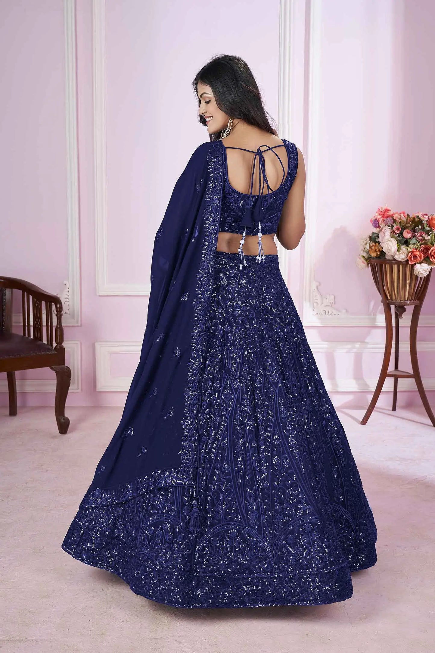 Navy Blue Georgette Lehenga With Sequins And Thread Embroidered Work