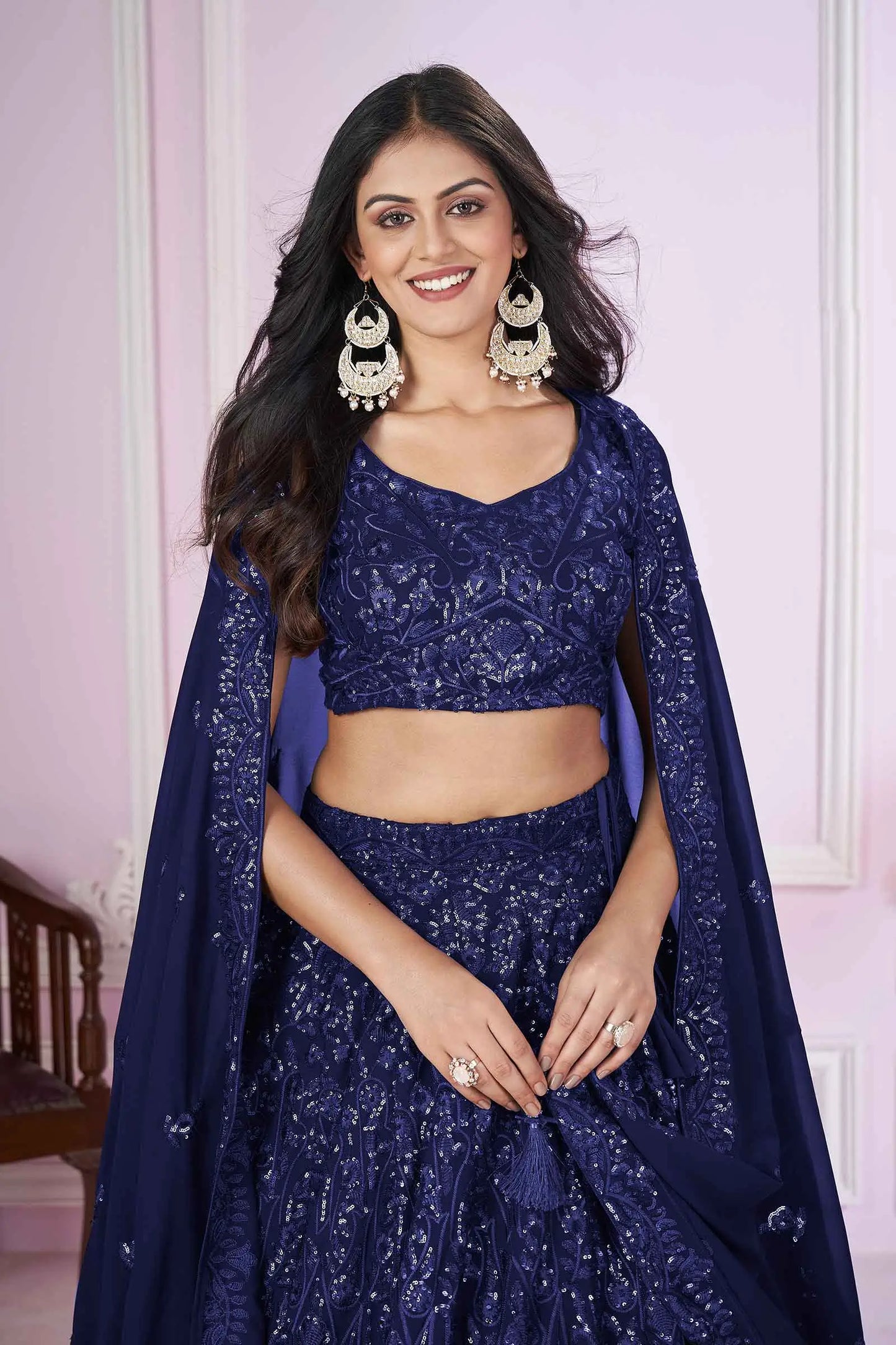 Navy Blue Georgette Lehenga With Sequins And Thread Embroidered Work