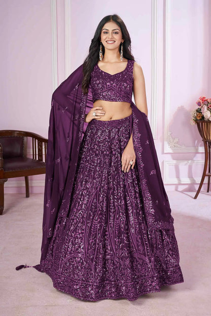 Wine Georgette Lehenga With Sequins And Thread Embroidered Work