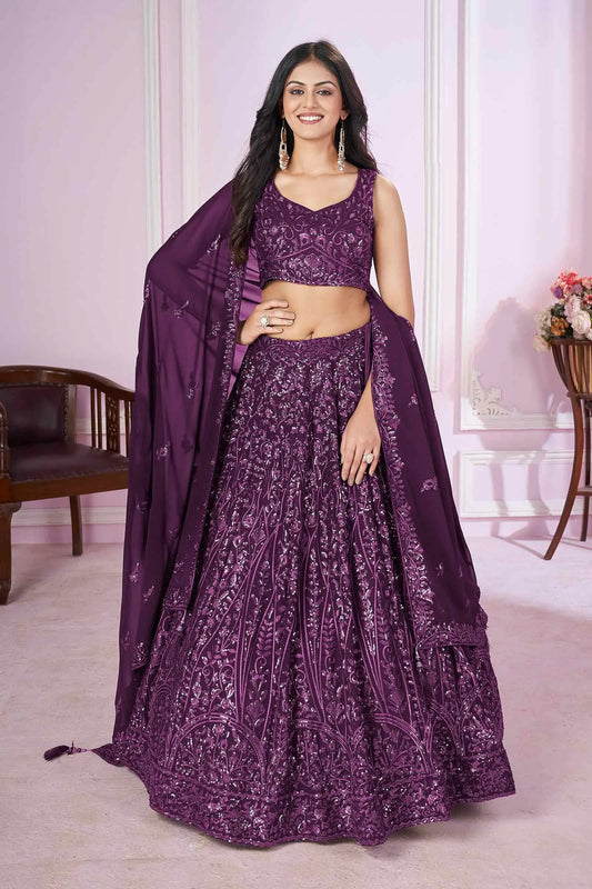 Wine Georgette Lehenga With Sequins And Thread Embroidered Work
