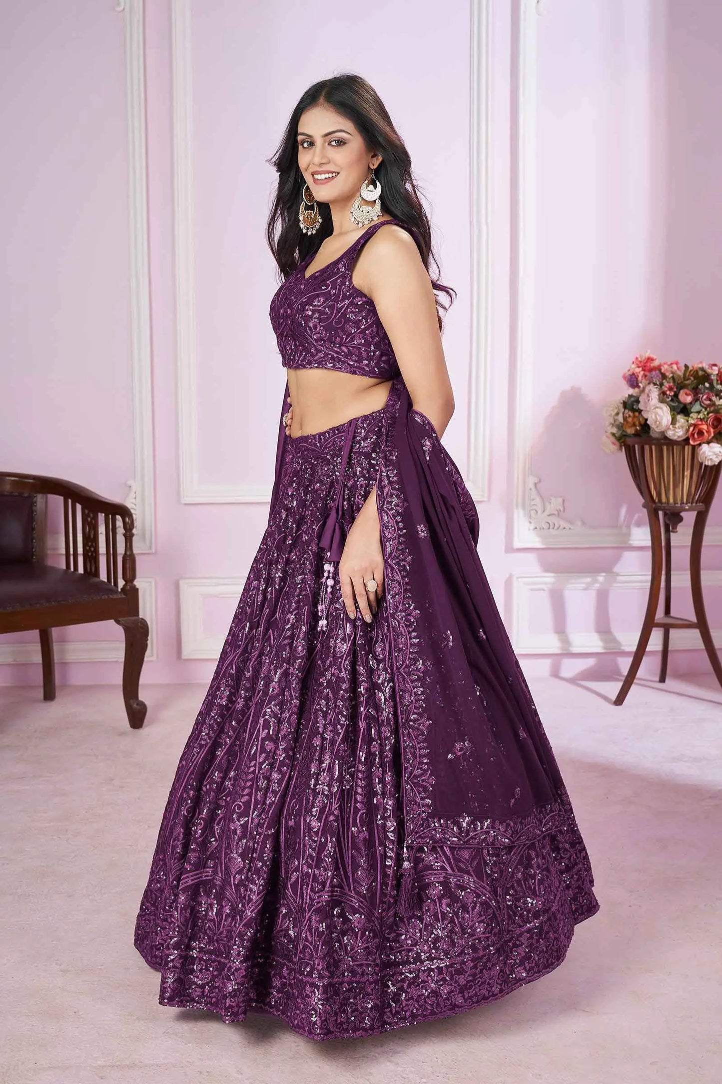 Wine Georgette Lehenga With Sequins And Thread Embroidered Work