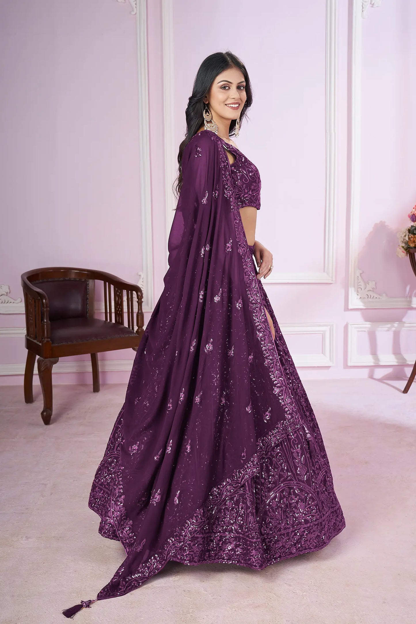 Wine Georgette Lehenga With Sequins And Thread Embroidered Work