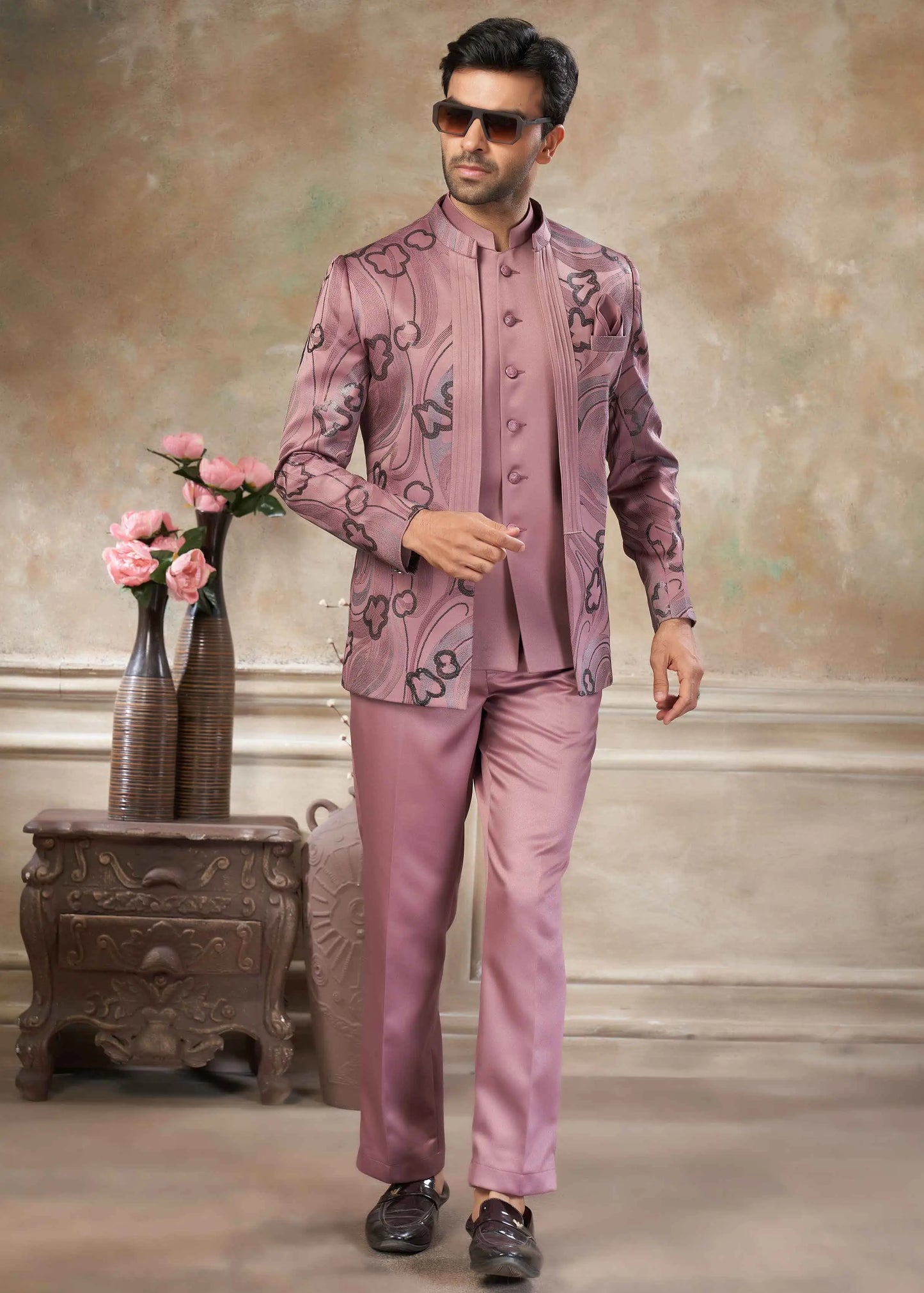 Rosy Brown Designer 3 Piece Jodhpuri
