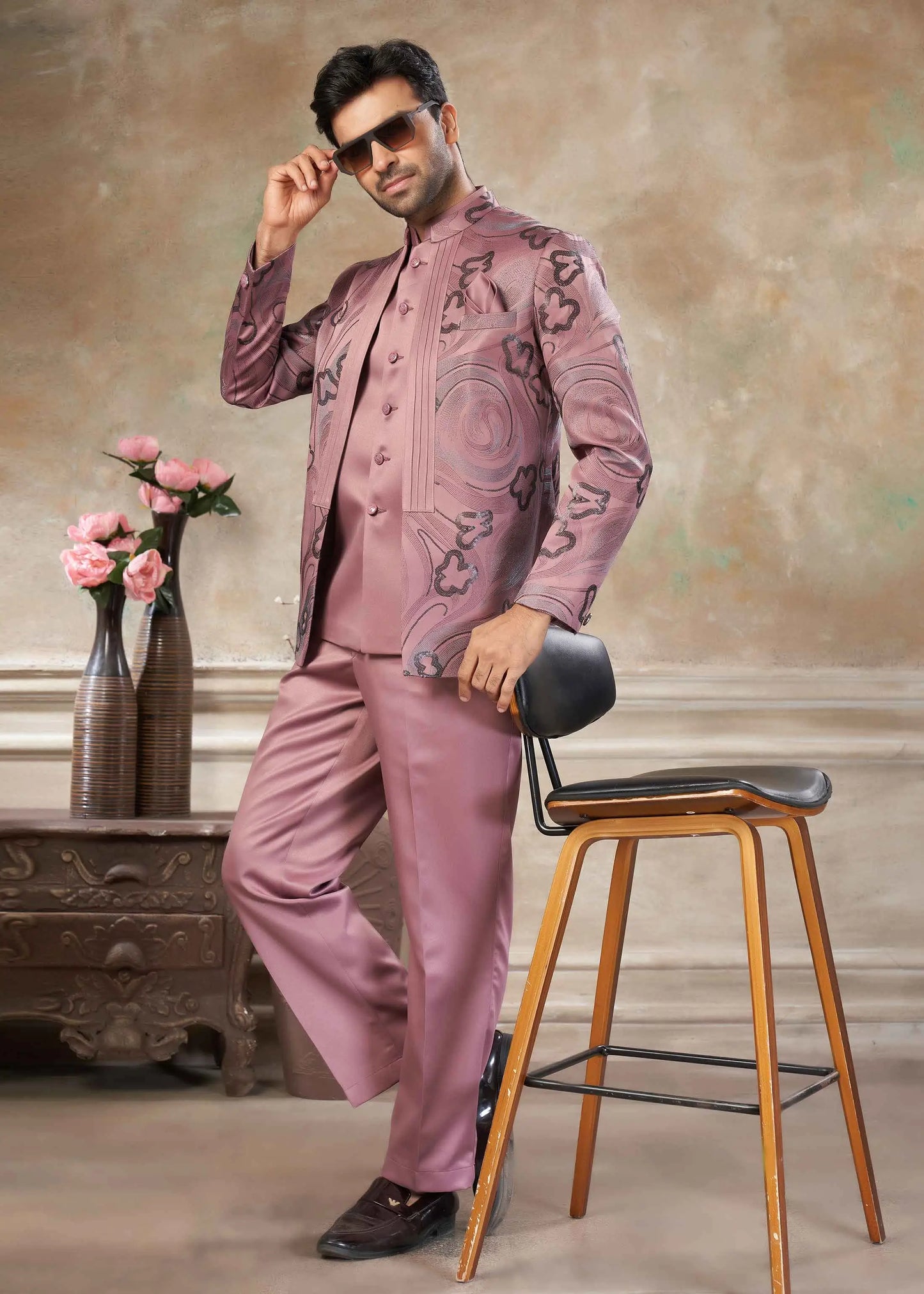 Rosy Brown Designer 3 Piece Jodhpuri