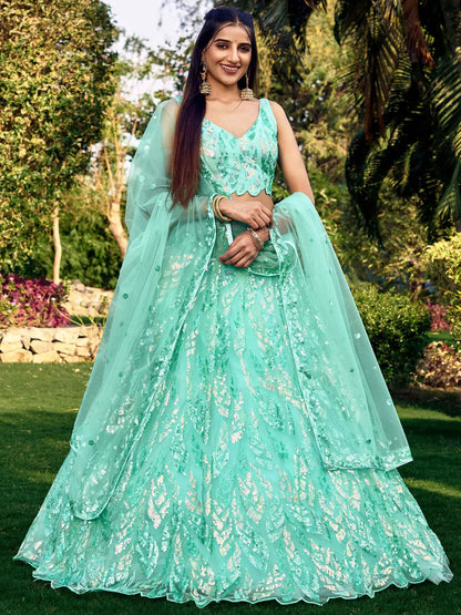 Sky Blue Soft Net Embroidered Lehenga