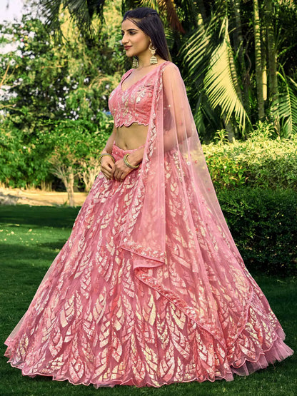 Pink Soft Net Lehenga With Multiple Sequins And Thread Embroidery Work