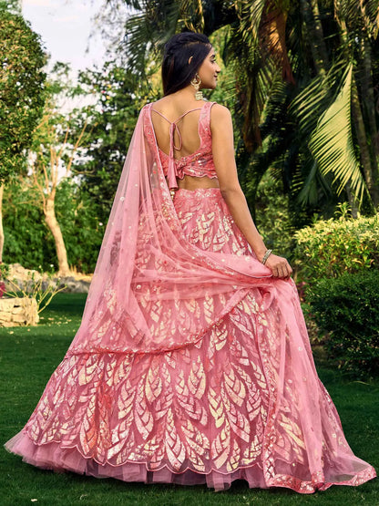 Pink Soft Net Lehenga With Multiple Sequins And Thread Embroidery Work