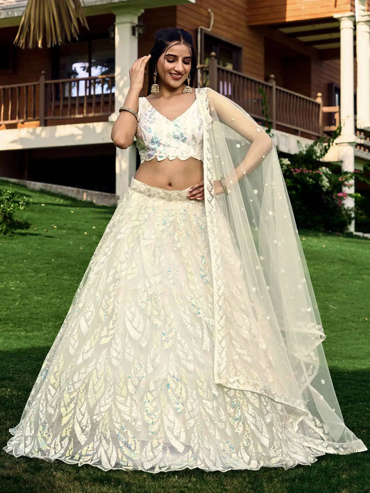 White Soft Net Lehenga With Multiple Sequins And Thread Embroidery Work