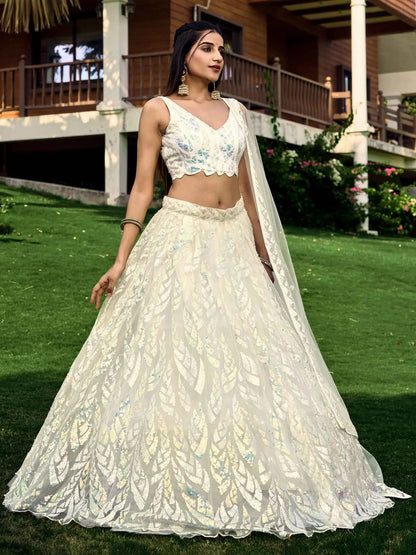 White Soft Net Lehenga With Multiple Sequins And Thread Embroidery Work