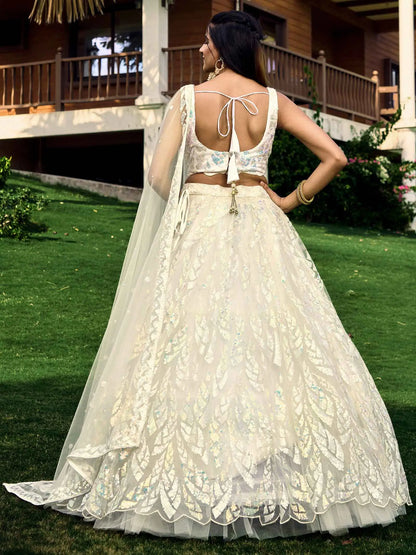 White Soft Net Lehenga With Multiple Sequins And Thread Embroidery Work