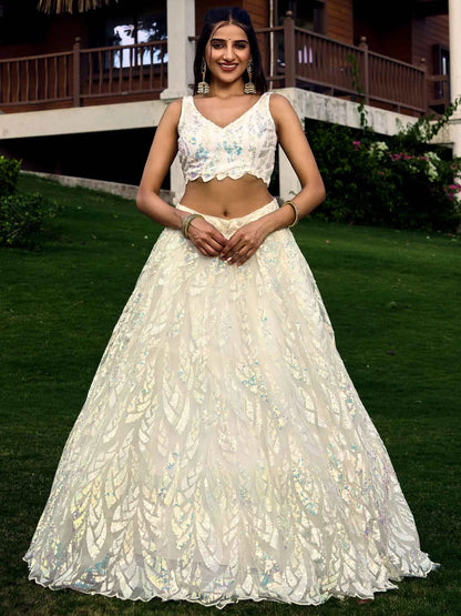 White Soft Net Lehenga With Multiple Sequins And Thread Embroidery Work