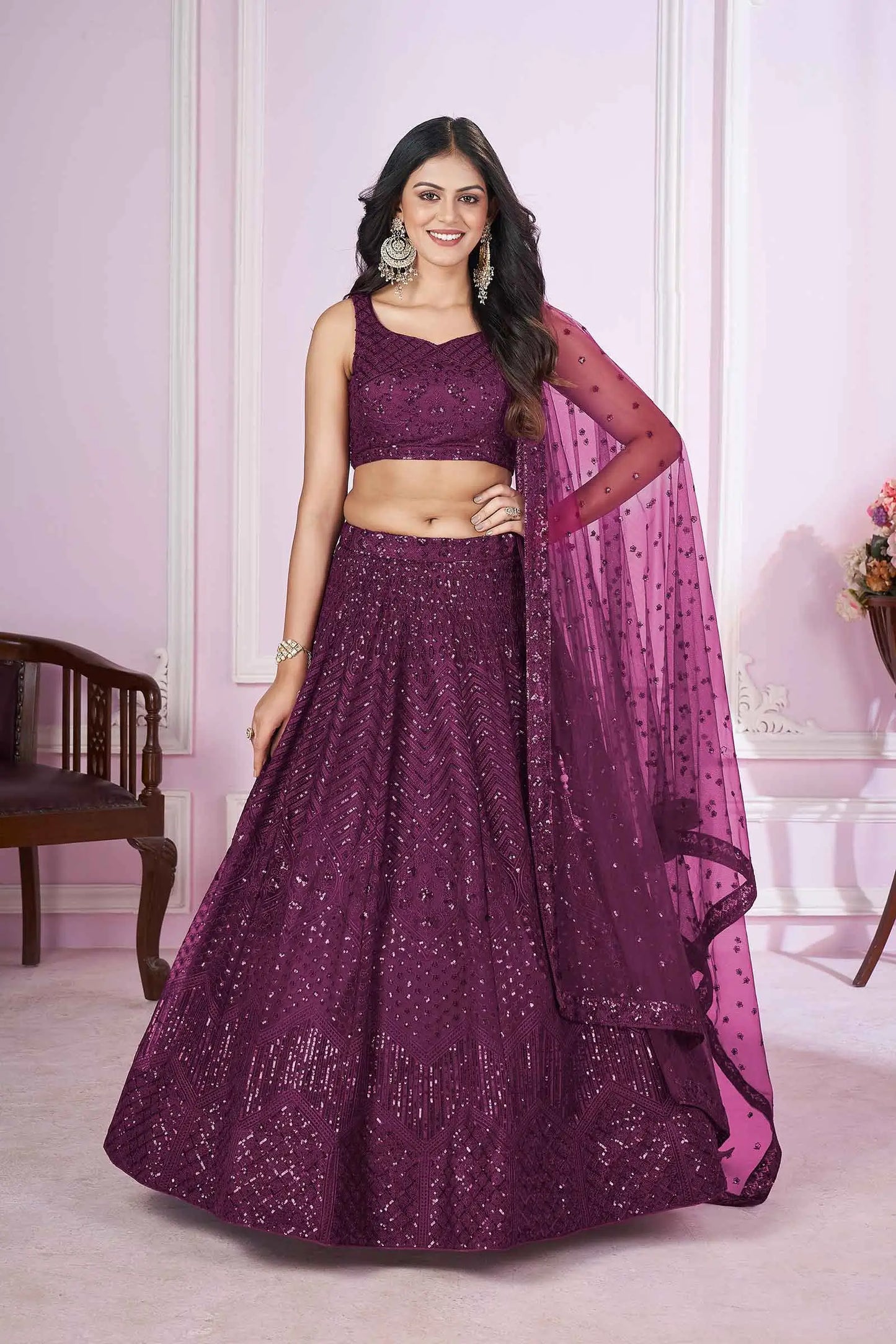 Wine Soft Net Lehenga With Sequins And Thread Embroidered Work