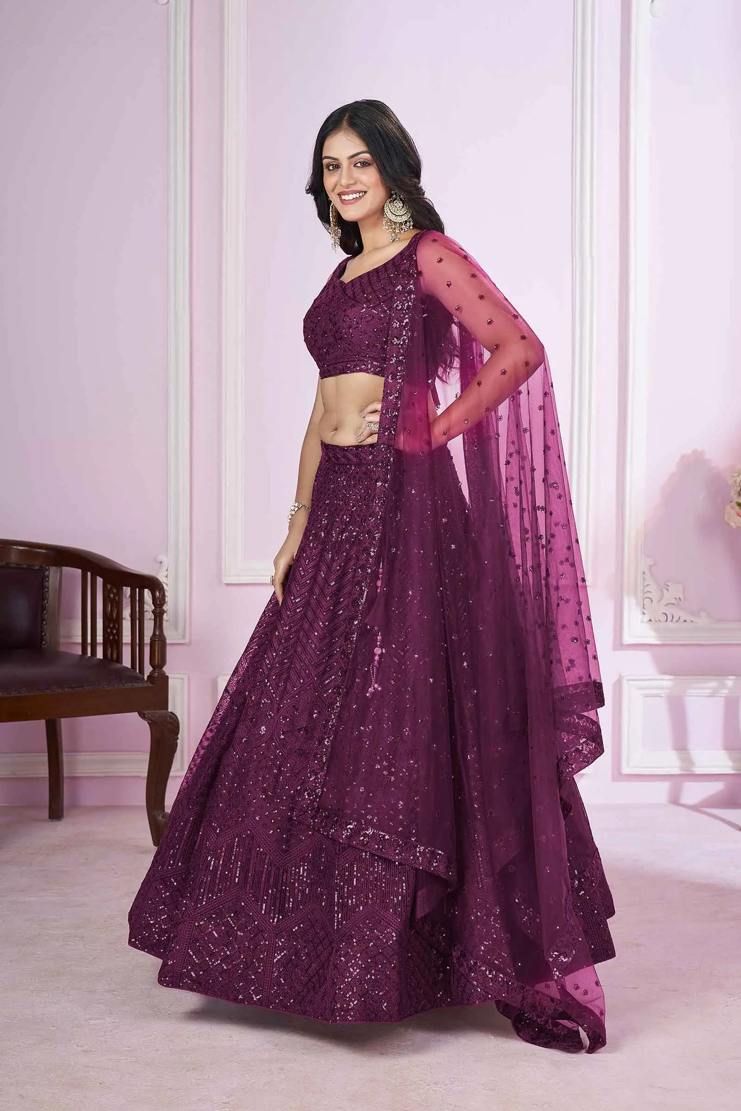 Wine Soft Net Lehenga With Sequins And Thread Embroidered Work