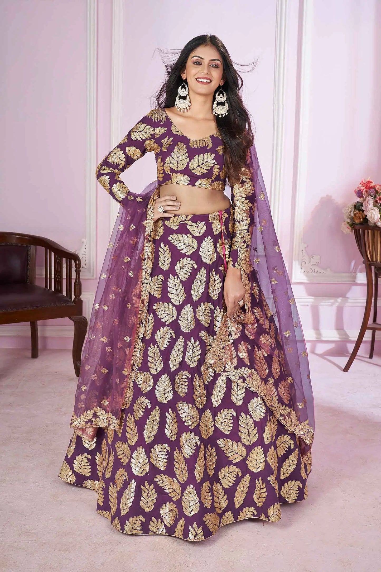 Wine Sequins And Zari Embroidered Work Georgette Lehenga