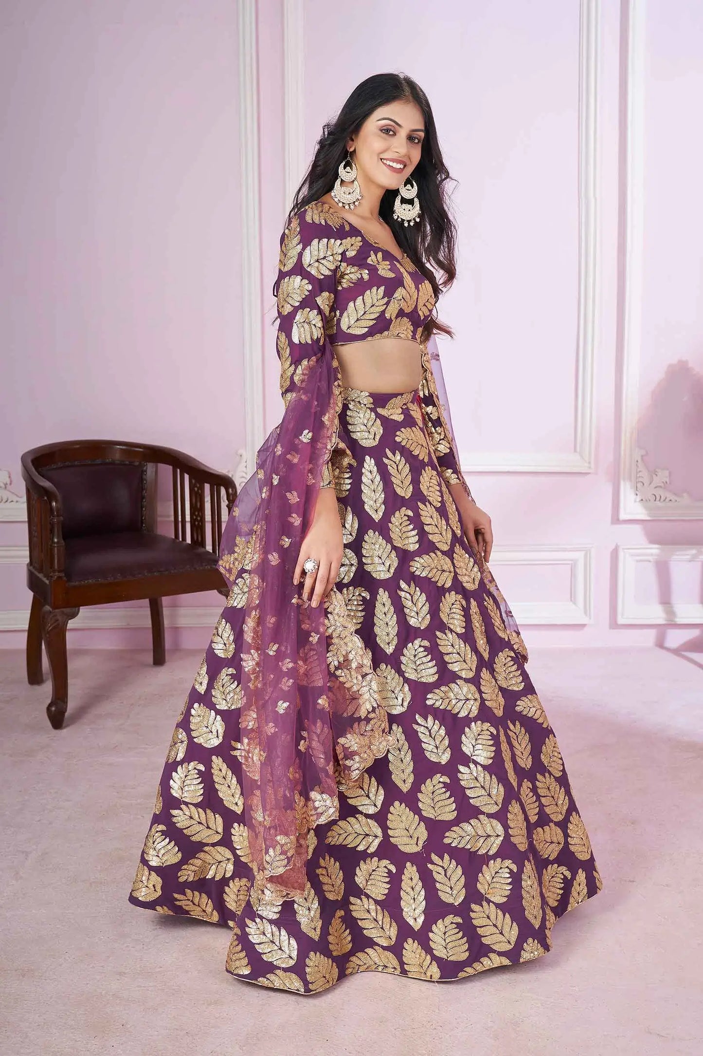 Wine Sequins And Zari Embroidered Work Georgette Lehenga