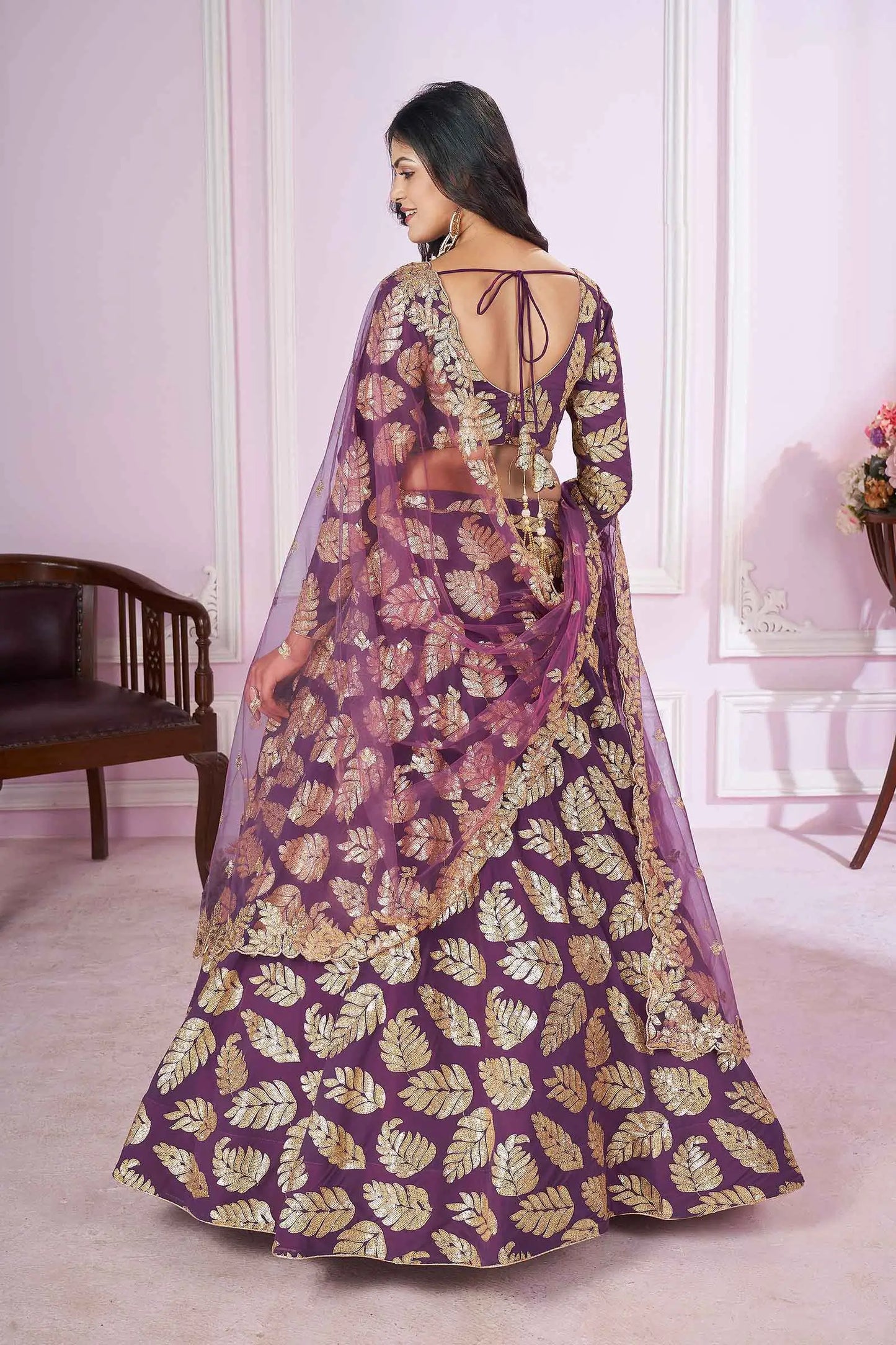 Wine Sequins And Zari Embroidered Work Georgette Lehenga