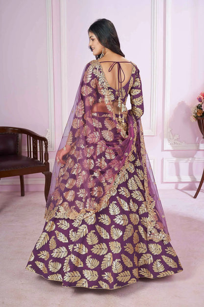 Wine Sequins And Zari Embroidered Work Georgette Lehenga